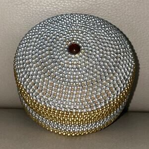 Vintage 1980s Beaded Round Trinket Box 2.75" Gold Silver Bead Chain Vanity Dish